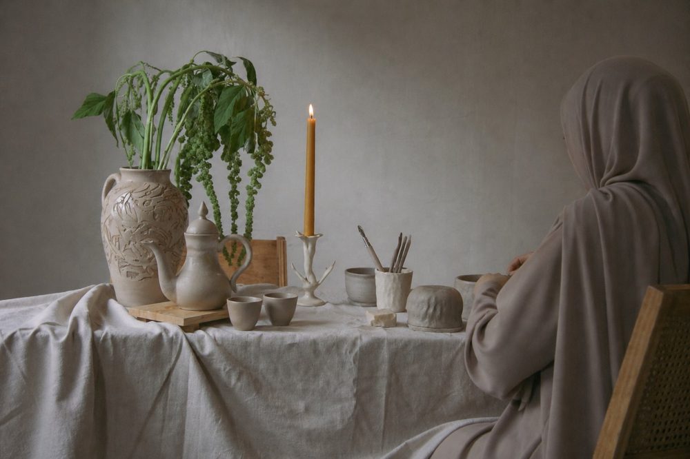 Bespoke stoneware collection styled on a table at ROA Art